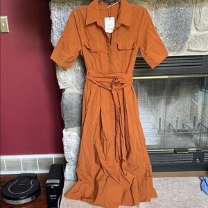Zara Rust Orange Midi Shirt Dress
